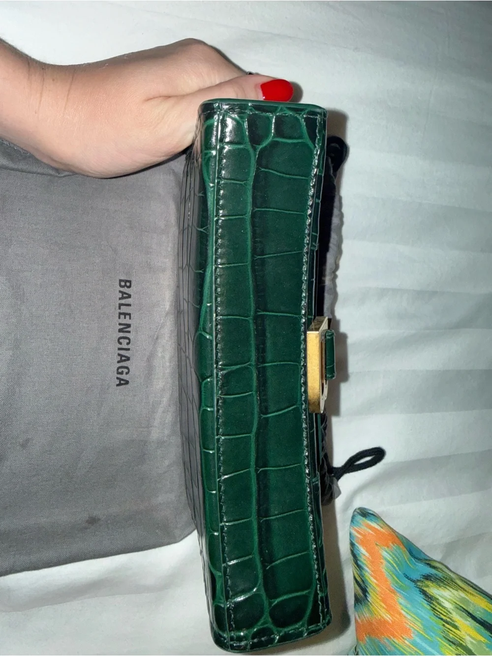 Balenciaga Hourglass Croc-Embossed Leather Crossbody Bag in Dark Green